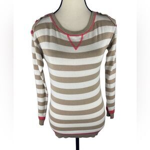 T/O Sweater  cream Brown Striped Crewneck Pullover w pink detail  Size: XS